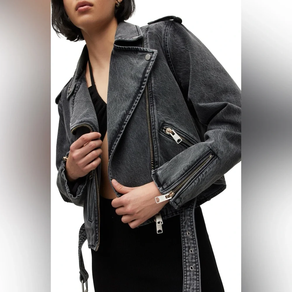 AllSaints Charcoal Gray Denim Biker Jacket - Picture 2 of 6
